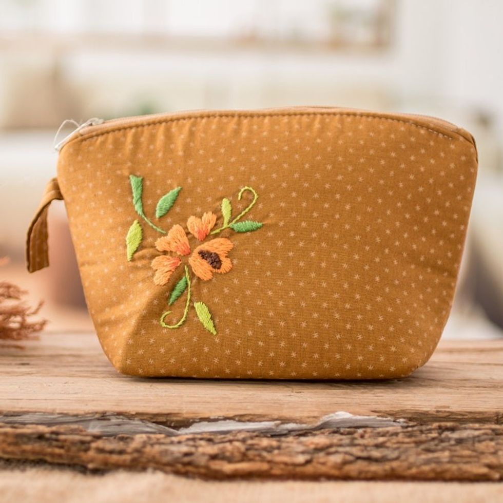 Embroidered Floral and Starry Brown Cotton Cosmetic Bag 'Starry Beauty'