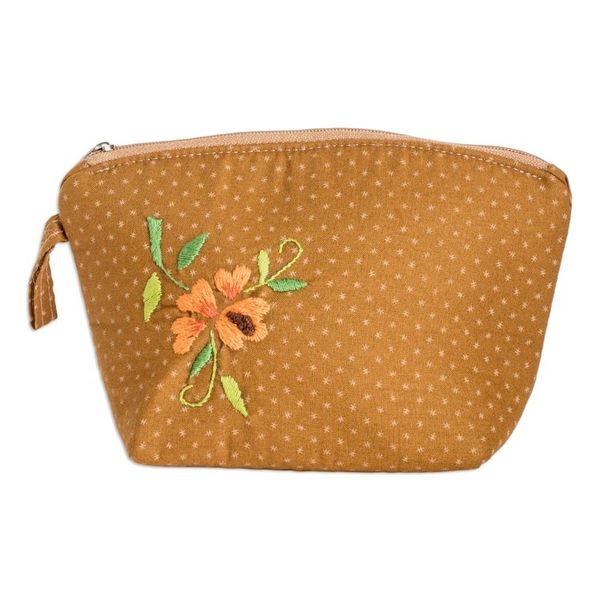 Alternate image for Embroidered Floral and Starry Brown Cotton Cosmetic Bag Starry Beauty