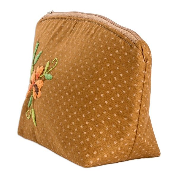 Alternate image for Embroidered Floral and Starry Brown Cotton Cosmetic Bag Starry Beauty