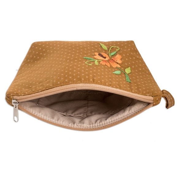 Alternate image for Embroidered Floral and Starry Brown Cotton Cosmetic Bag Starry Beauty