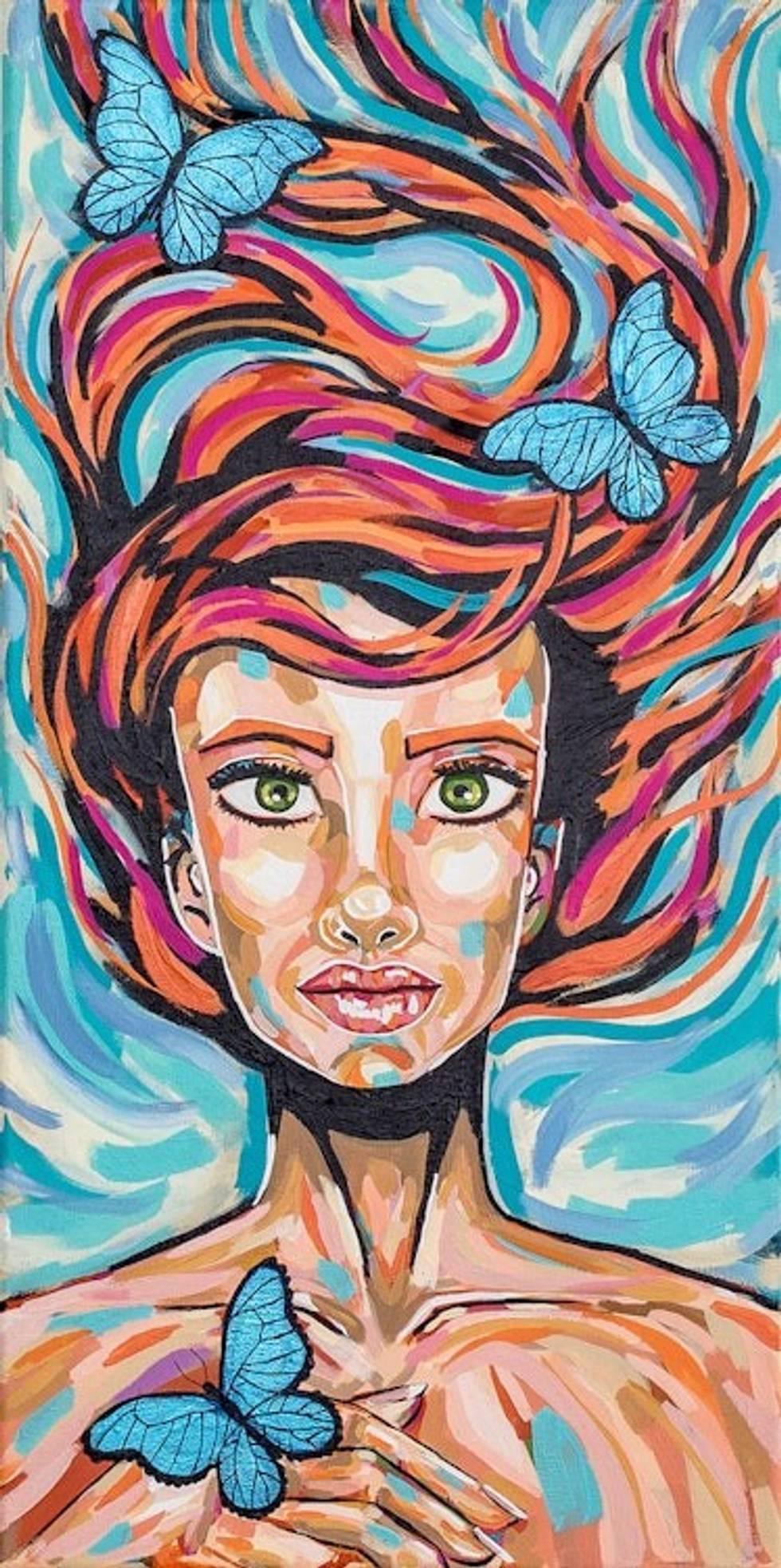 Stretched Acrylic Painting of Women and Morpho Butterflies 'Metamorphosis'