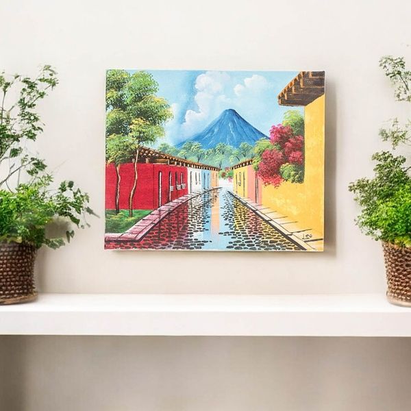 Alternate image for Impressionist Oil Painting of Street Volcano in Guatemala San Sebastian Street