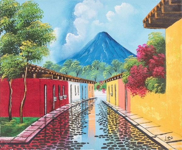 Alternate image for Impressionist Oil Painting of Street Volcano in Guatemala San Sebastian Street