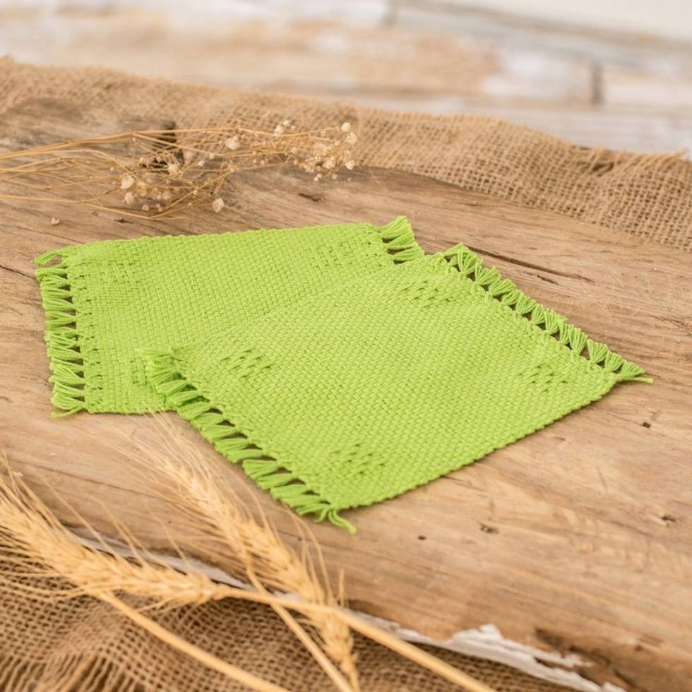 Pair of Hand-Woven Cotton Coasters in Green with Fringes 'Lemony Lime'