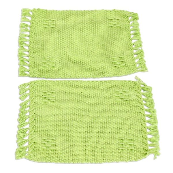 Alternate image for Pair of Hand-Woven Cotton Coasters in Green with Fringes Lemony Lime
