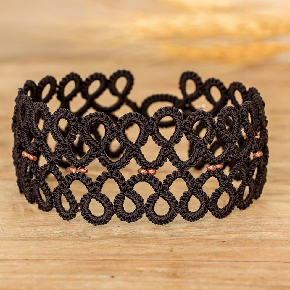 Black Macrame Wristband Bracelet with Golden-Toned Beads 'Gleams of Glamour'