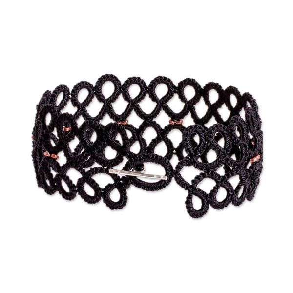Alternate image for Black Macrame Wristband Bracelet with Golden-Toned Beads Gleams of Glamour