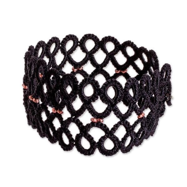 Alternate image for Black Macrame Wristband Bracelet with Golden-Toned Beads Gleams of Glamour