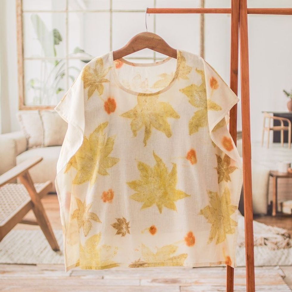 Eco-Printed Leaf-Themed Green and Ivory Cotton Caftan 'Magic Summer'
