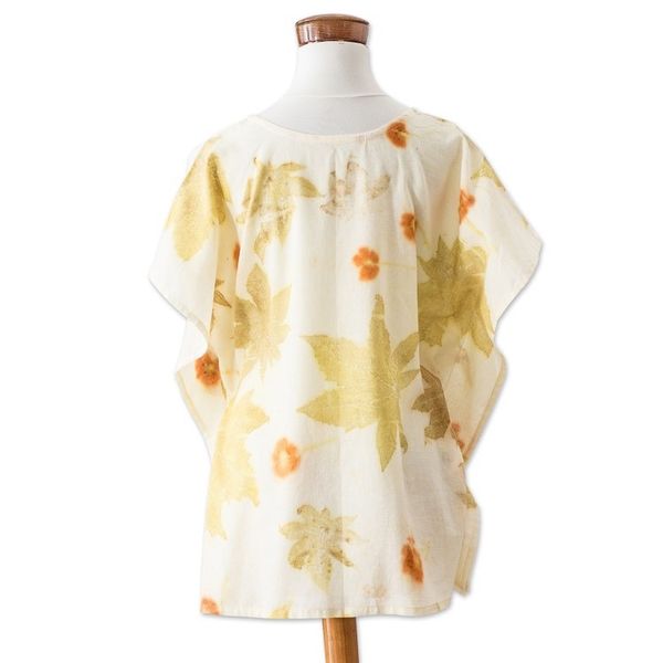 Alternate image for Eco-Printed Leaf-Themed Green and Ivory Cotton Caftan Magic Summer