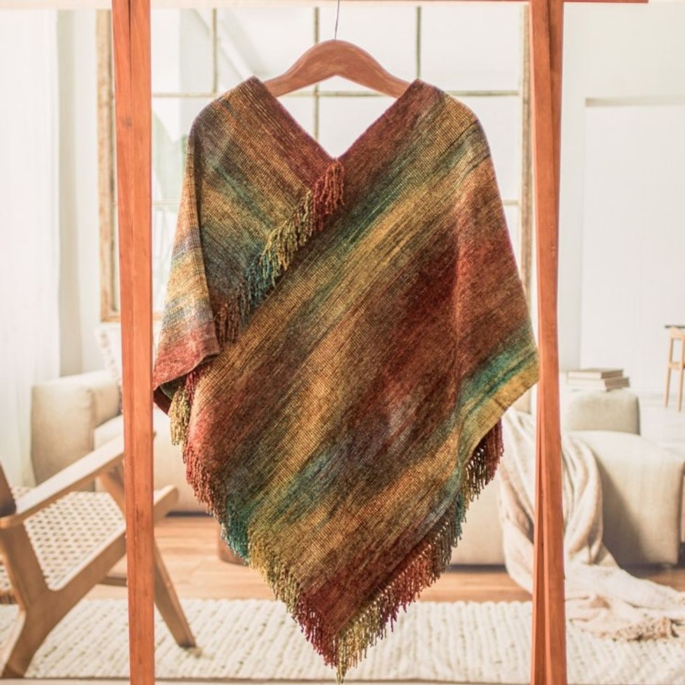 Handwoven Cotton Blend Poncho in Red and Turquoise Hues 'Autumn Dreams'