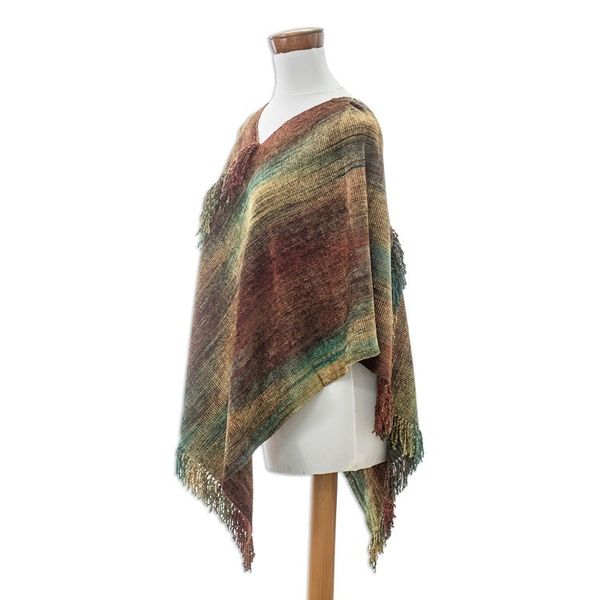 Alternate image for Handwoven Cotton Blend Poncho in Red and Turquoise Hues Autumn Dreams