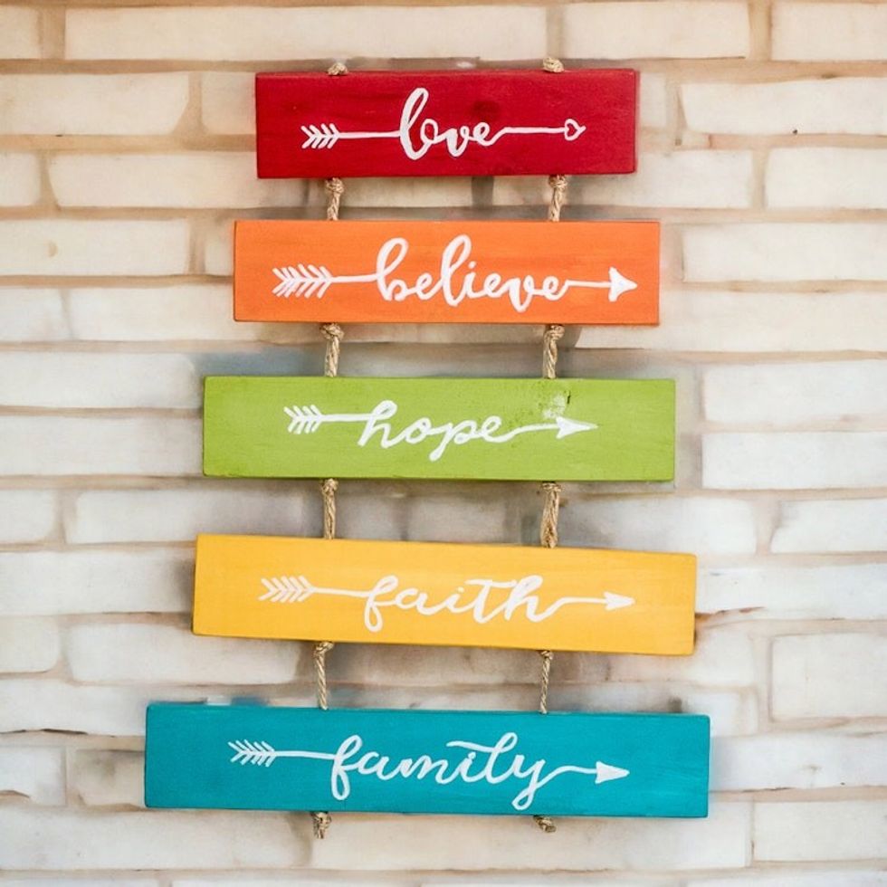 Hand-Painted Inspirational Wood Wall Art with Jute Cords 'Happy Thoughts'