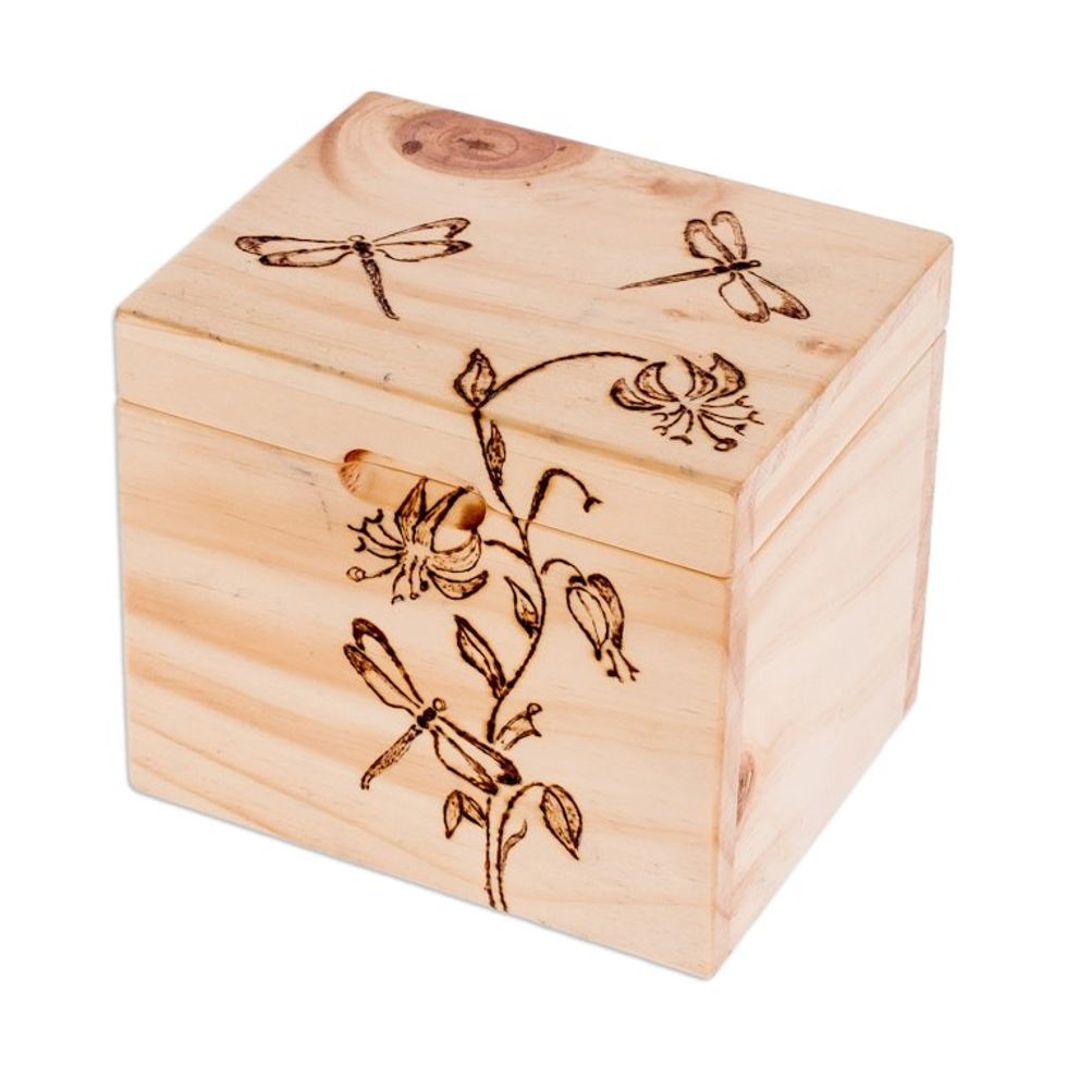 Carved Floral and Dragonfly-Themed Pinewood Decorative Box 'Dragonfly Traces'