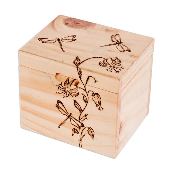 Alternate image for Carved Floral and Dragonfly-Themed Pinewood Decorative Box Dragonfly Traces
