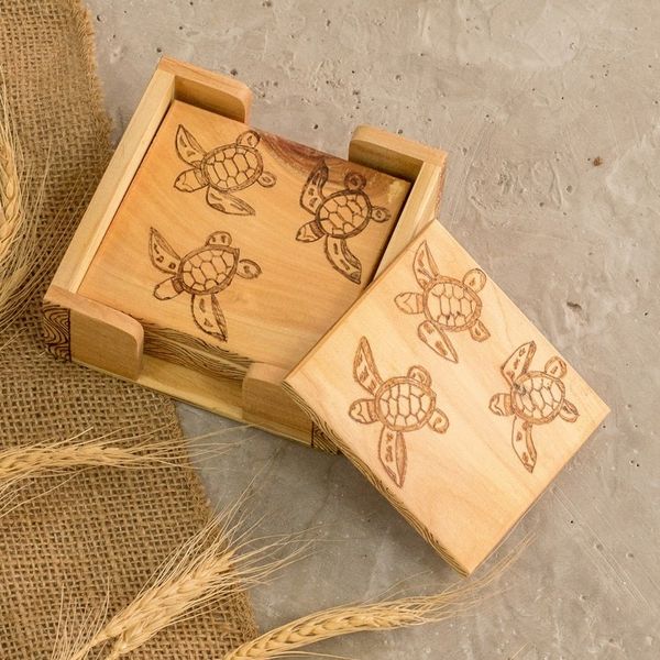 Alternate image for Set of 4 Turtle-Themed Laurel Wood Coasters with Storage Box Turtles Drinks