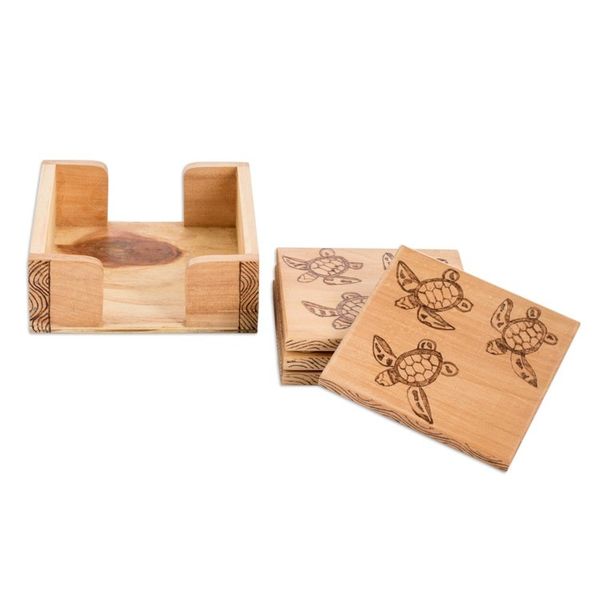 Alternate image for Set of 4 Turtle-Themed Laurel Wood Coasters with Storage Box Turtles Drinks