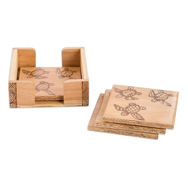 Alternate image for Set of 4 Turtle-Themed Laurel Wood Coasters with Storage Box Turtles Drinks
