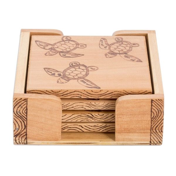 Alternate image for Set of 4 Turtle-Themed Laurel Wood Coasters with Storage Box Turtles Drinks