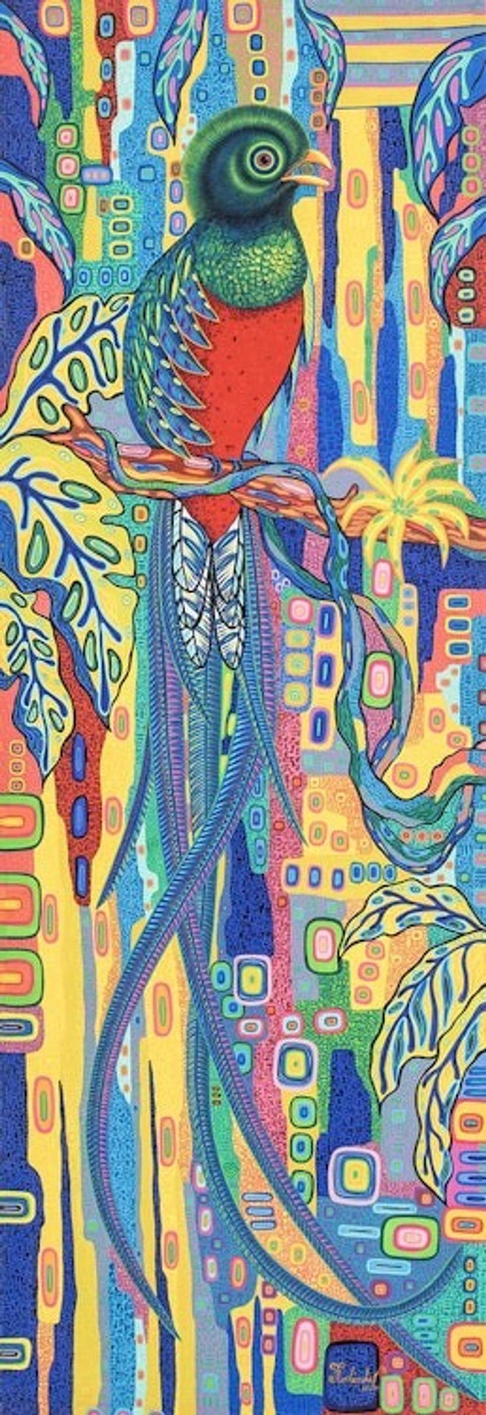 Modern Multicolored Stretched Sublimation Print of A Bird 'Splendid Quetzal'