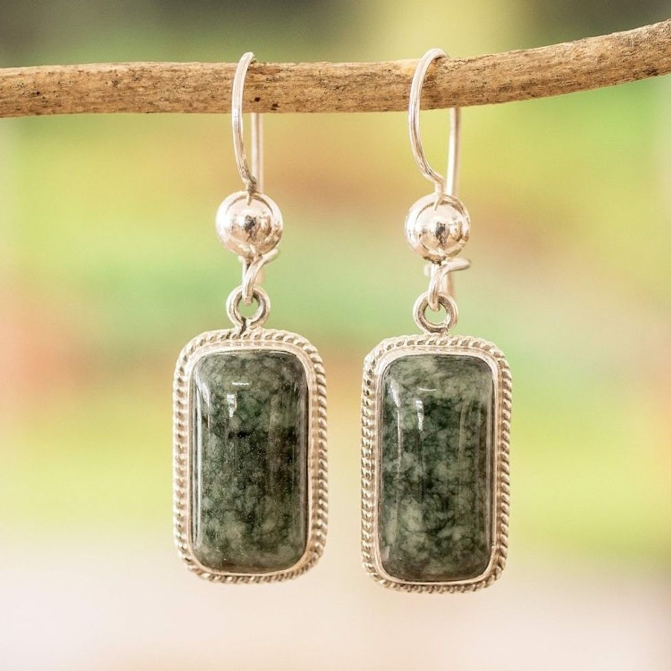 Sterling Silver Dangle Earrings with Rectangular Jade Stones 'Geometric Vitality'