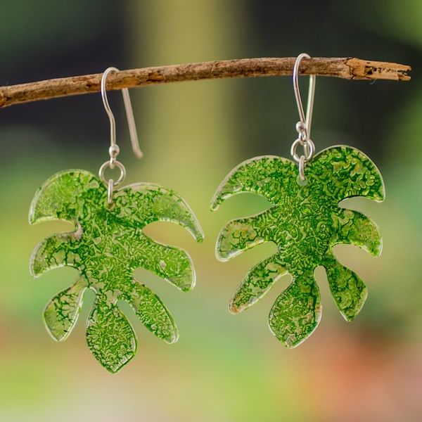 Alternate image for Leaf-Shaped Bright Green Recycled CD Dangle Earrings Forest Grace