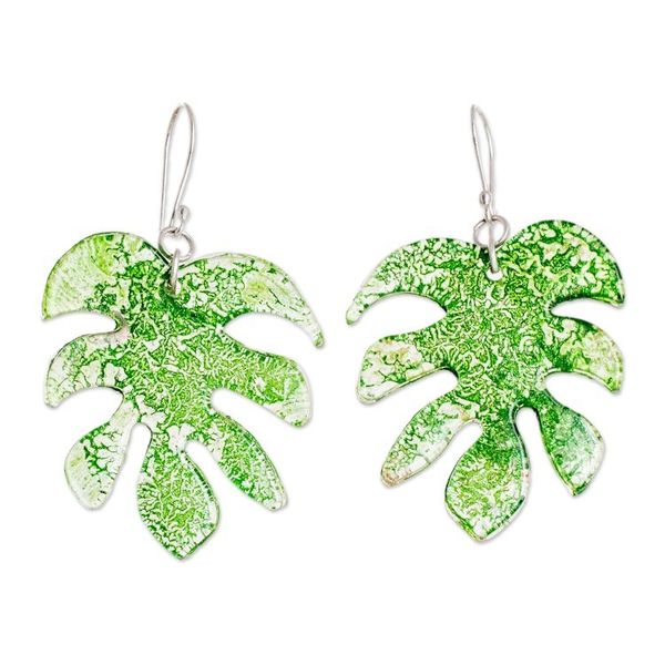 Alternate image for Leaf-Shaped Bright Green Recycled CD Dangle Earrings Forest Grace