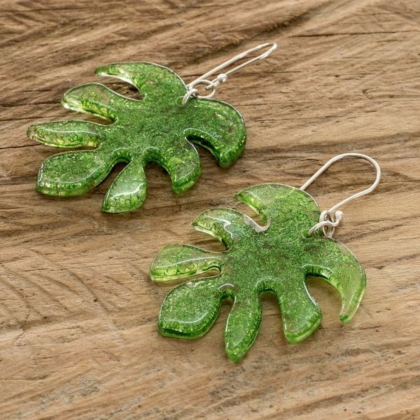 Alternate image for Leaf-Shaped Bright Green Recycled CD Dangle Earrings Forest Grace