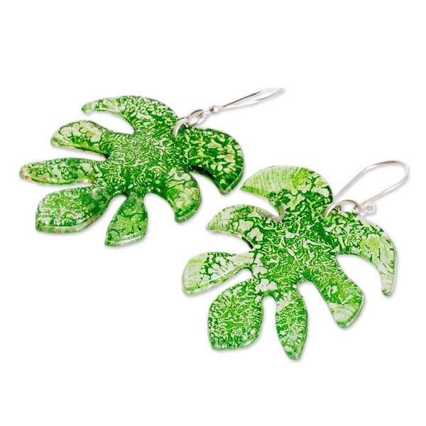 Alternate image for Leaf-Shaped Bright Green Recycled CD Dangle Earrings Forest Grace