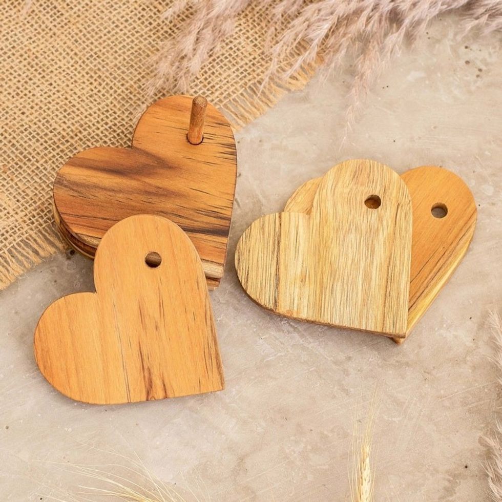 6 Heart-Shaped Teakwood Coasters with Stand from Guatemala 'United by Love'