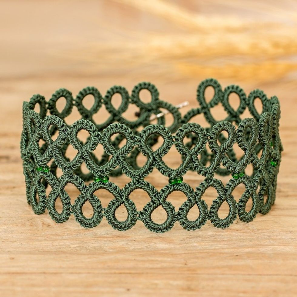 Handwoven Green Wristband Bracelet with Glass Beads 'Gleams of Harmony'