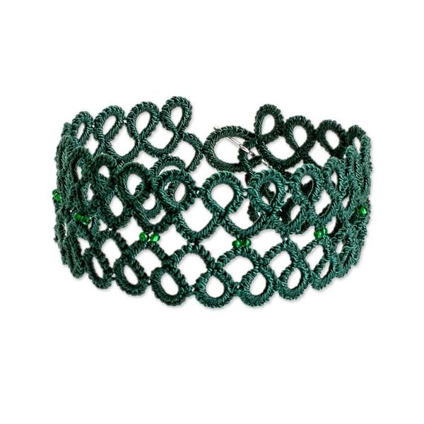 Alternate image for Handwoven Green Wristband Bracelet with Glass Beads Gleams of Harmony