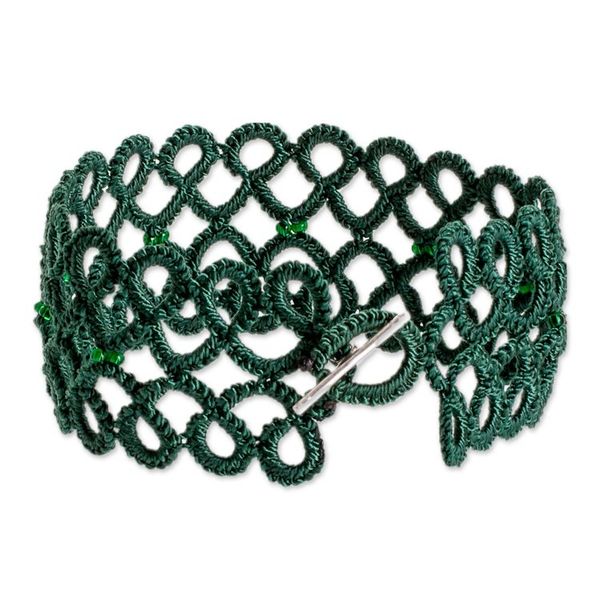 Alternate image for Handwoven Green Wristband Bracelet with Glass Beads Gleams of Harmony