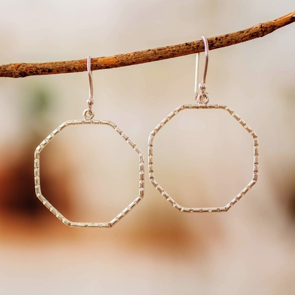 Modern Striped Octagonal Sterling Silver Dangle Earrings 'Octagonal Shine'
