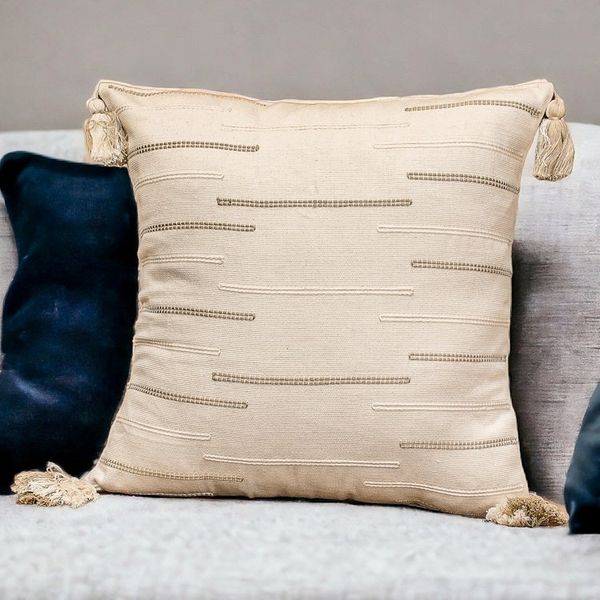 Alternate image for Modern Embroidered Ivory Cotton Cushion Cover with Tassels Forest Glades