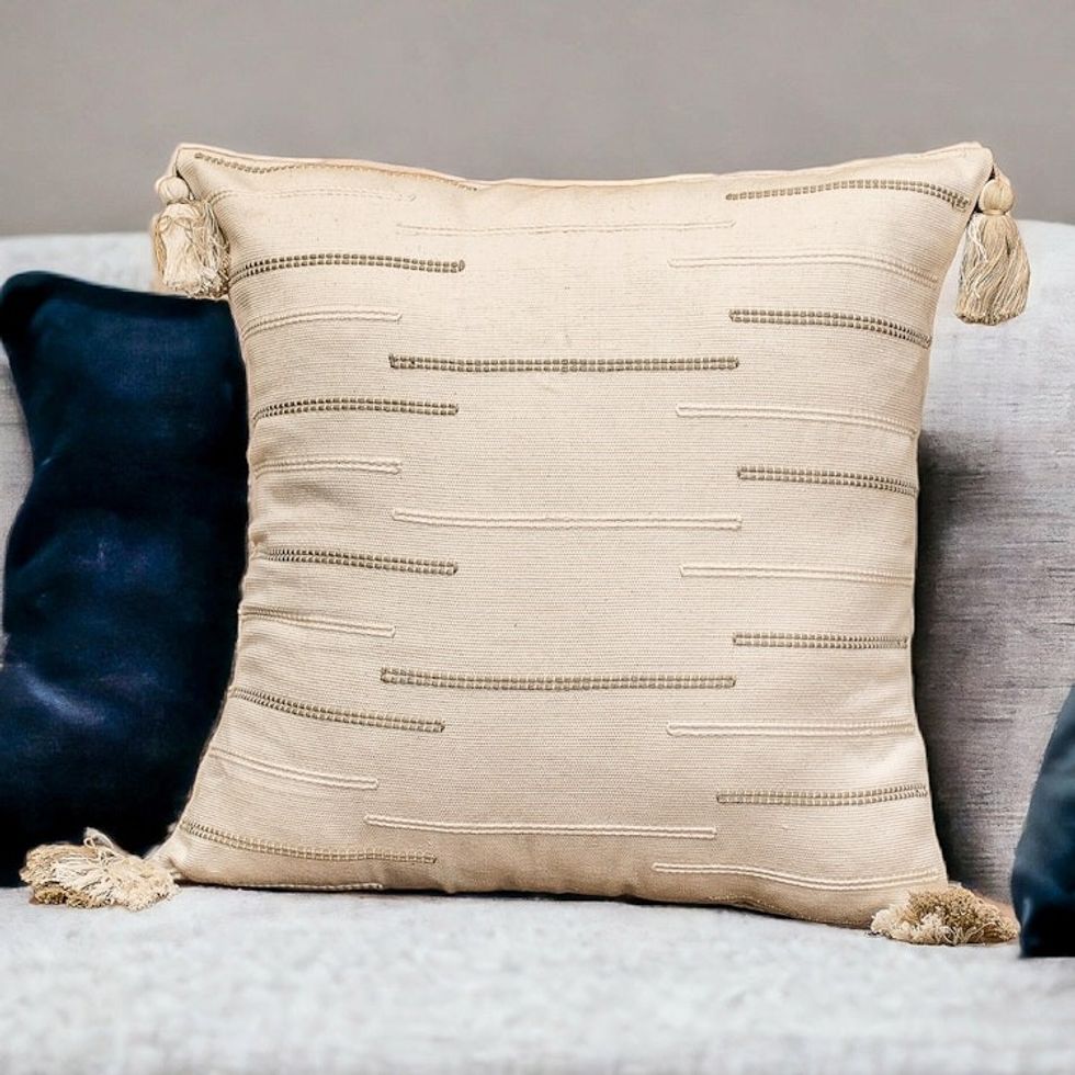 Modern Embroidered Ivory Cotton Cushion Cover with Tassels 'Forest Glades'