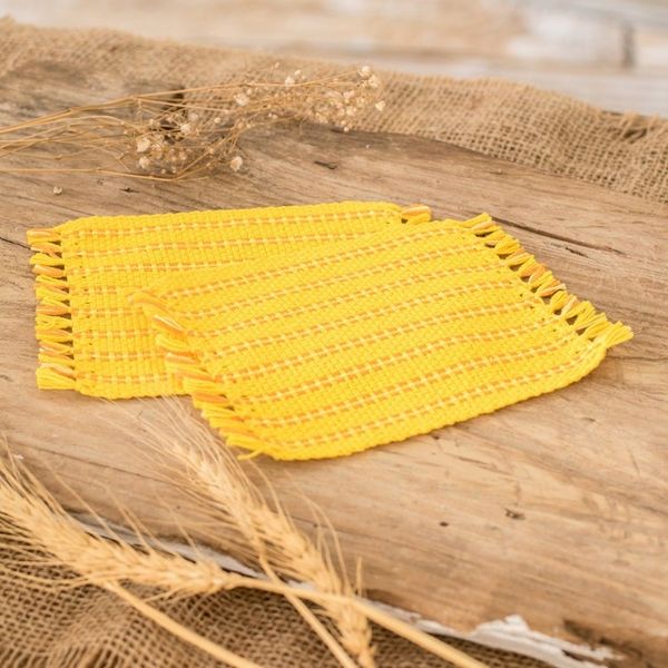 Alternate image for 2 Hand-Woven Fringed Cotton Coasters in Yellow and Orange Sunrise