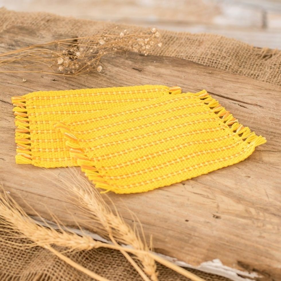 2 Hand-Woven Fringed Cotton Coasters in Yellow and Orange 'Sunrise'
