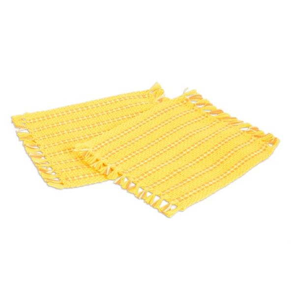 Alternate image for 2 Hand-Woven Fringed Cotton Coasters in Yellow and Orange Sunrise