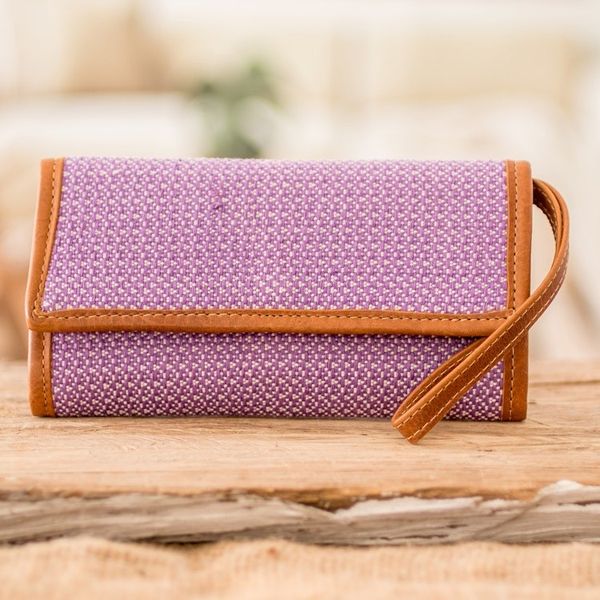 Alternate image for Hand-Woven Lilac Cotton Wristlet with Leather Trim and Strap Weaving Stories in Lilac