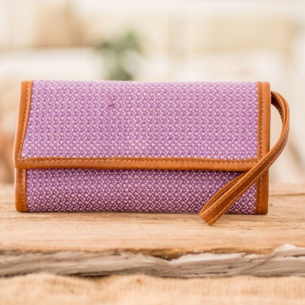 Hand-Woven Lilac Cotton Wristlet with Leather Trim and Strap 'Weaving Stories in Lilac'
