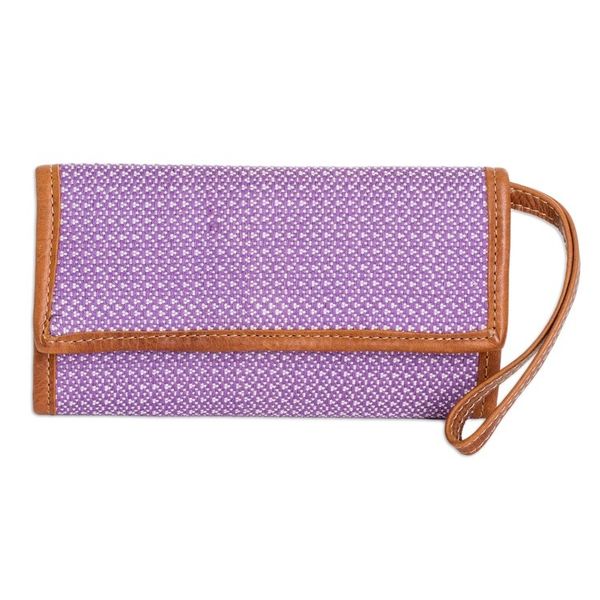 Alternate image for Hand-Woven Lilac Cotton Wristlet with Leather Trim and Strap Weaving Stories in Lilac