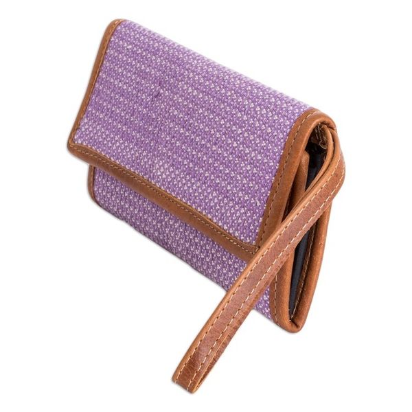 Alternate image for Hand-Woven Lilac Cotton Wristlet with Leather Trim and Strap Weaving Stories in Lilac