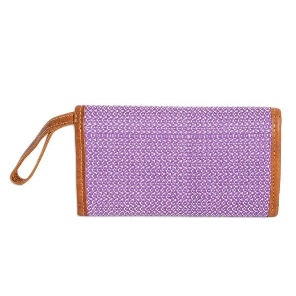 Alternate image for Hand-Woven Lilac Cotton Wristlet with Leather Trim and Strap Weaving Stories in Lilac