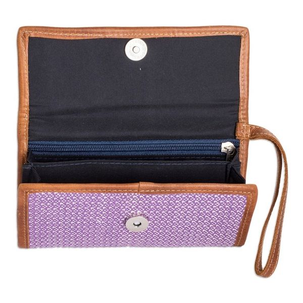 Alternate image for Hand-Woven Lilac Cotton Wristlet with Leather Trim and Strap Weaving Stories in Lilac