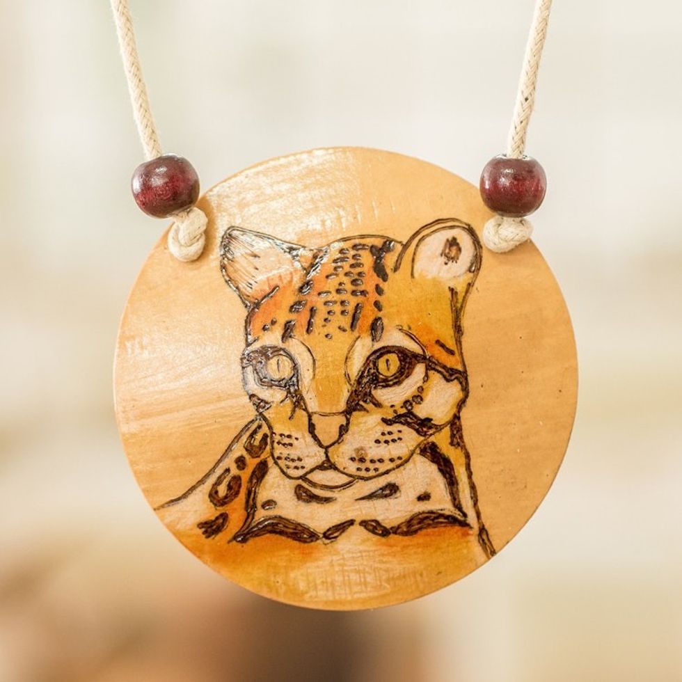 Hand-Painted Calabash Gourd Ocelot Pendant Necklace 'Spirit Portrayal'