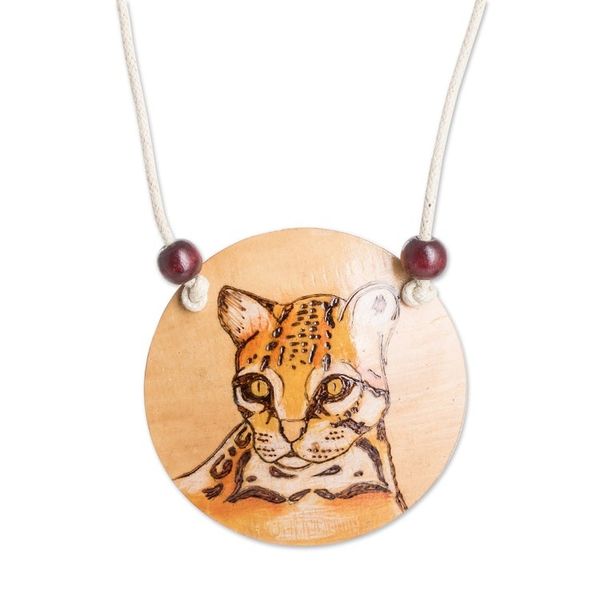 Alternate image for Hand-Painted Calabash Gourd Ocelot Pendant Necklace Spirit Portrayal