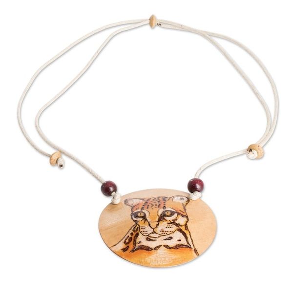 Alternate image for Hand-Painted Calabash Gourd Ocelot Pendant Necklace Spirit Portrayal