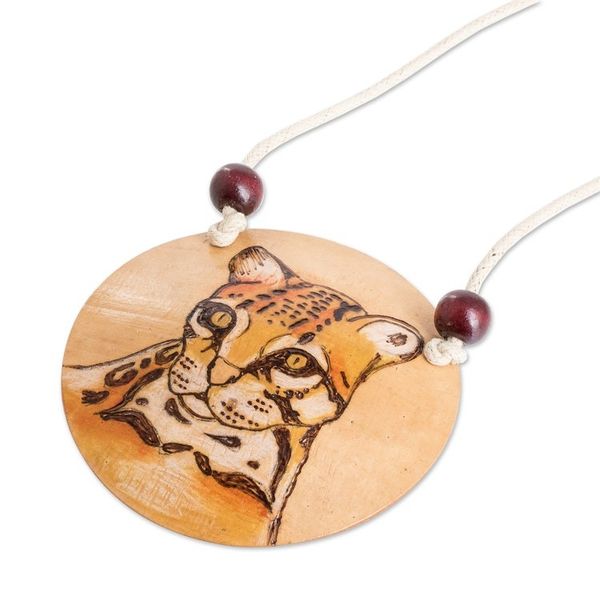 Alternate image for Hand-Painted Calabash Gourd Ocelot Pendant Necklace Spirit Portrayal