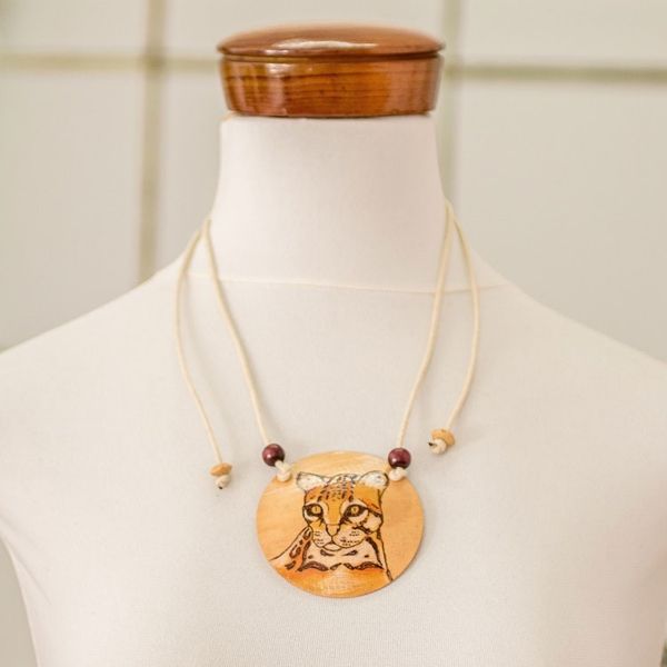 Alternate image for Hand-Painted Calabash Gourd Ocelot Pendant Necklace Spirit Portrayal